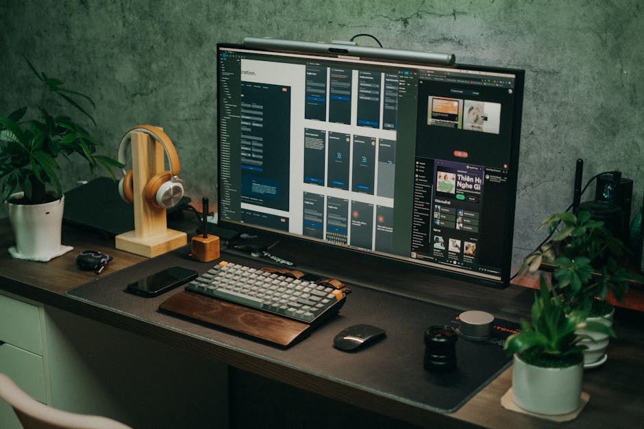 A sleek home office setup featuring a large monitor, keyboard, plants, and headphones on a desk.
