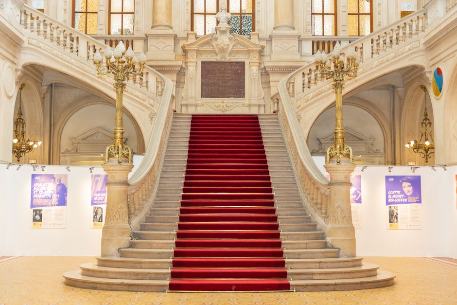 Elegant red carpeted staircase in a historic European interior, featuring ornate architecture and classic chandeliers.